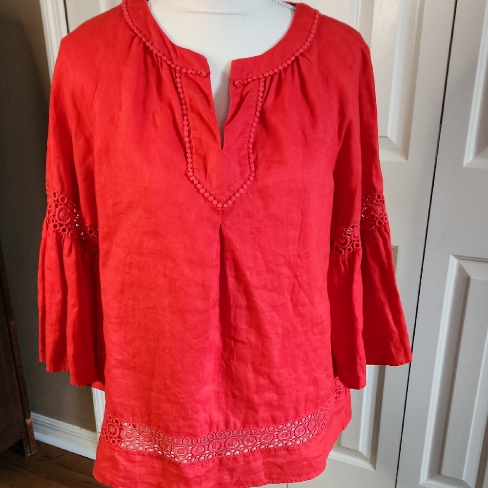 Crown & Ivy Red Bell Sleeve Blouse with Mandarin Collar
